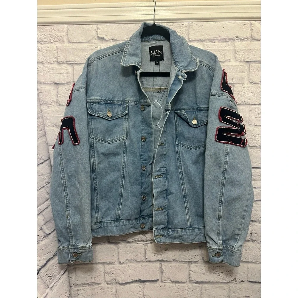 Boohoo Man Embroidered Meditate Varsity Light Wash Denim Jacket Size M